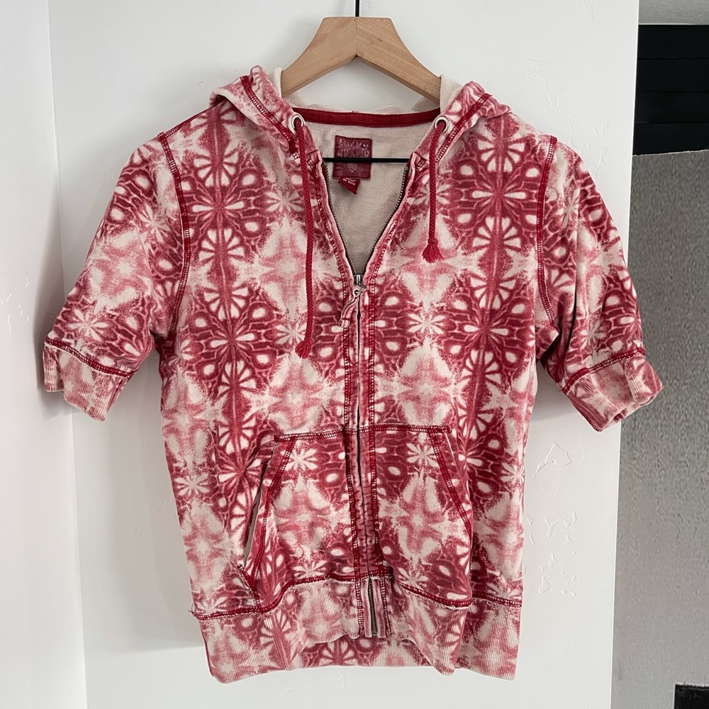 Lucky Brand Red and White Patterned Short-Sleeve Zip Hoodie